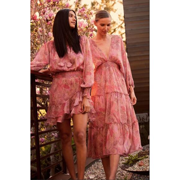 NWT Misa Almaha Mini Dress Small Pink Muted Paisley Ruffle Feminine - Picture 2 of 16